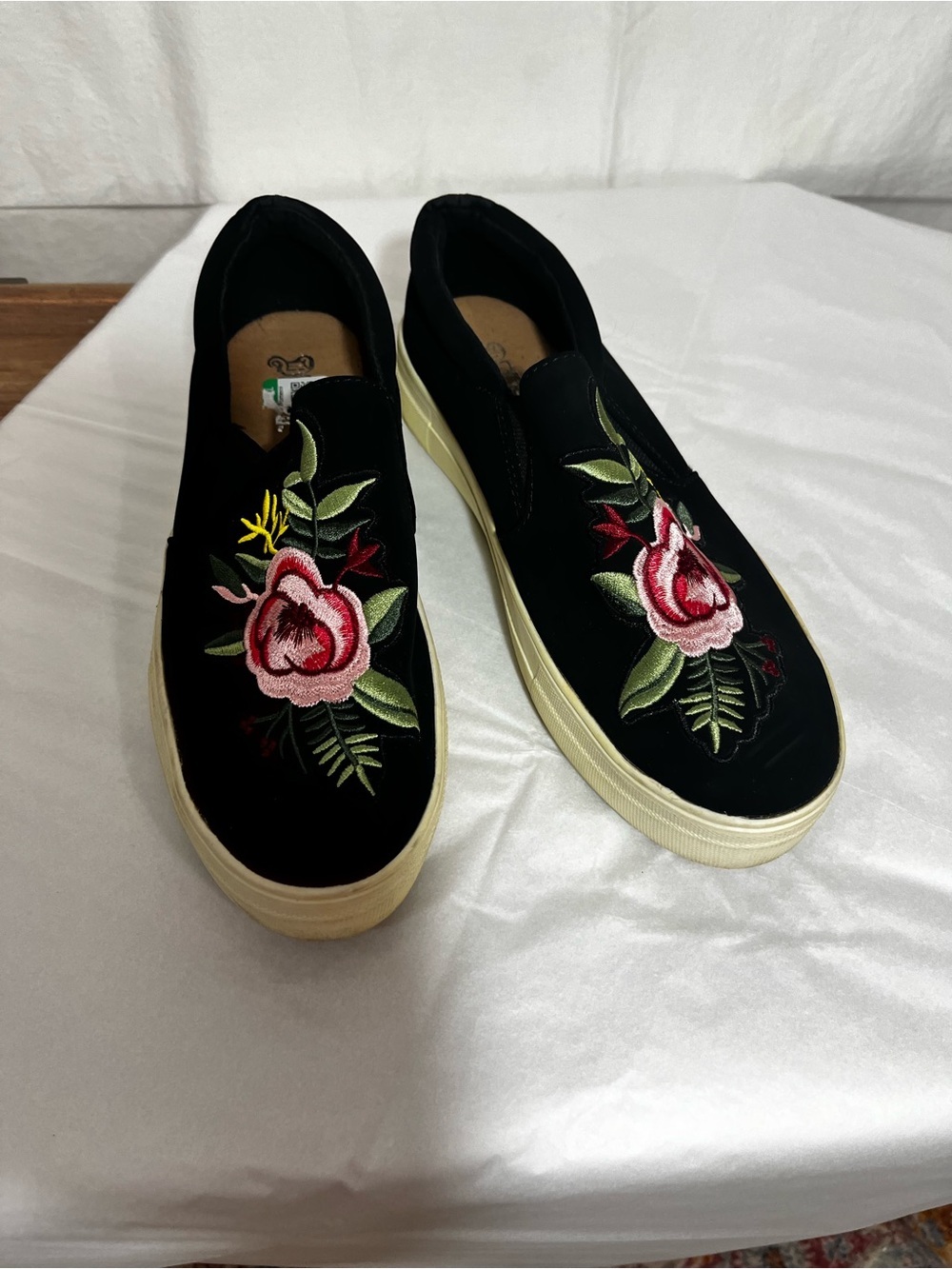 Brash Black Velvet Espadrilles with Pink Floral Embroidery